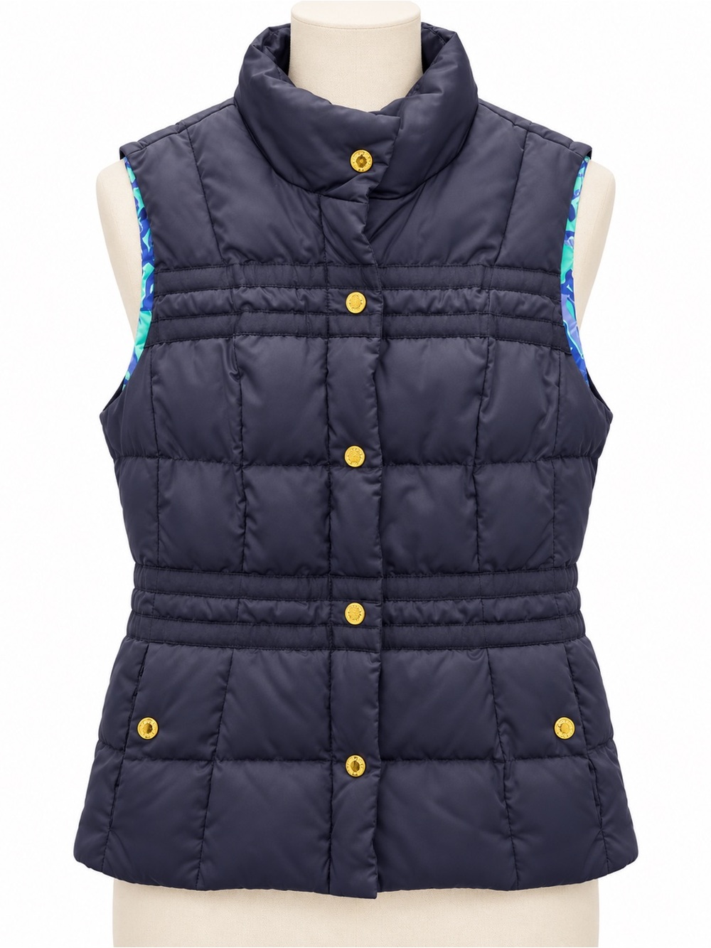 Lilly Pulitzer Navy Blue Puffer Vest Floral Lined Gold Hardware Women’s Small